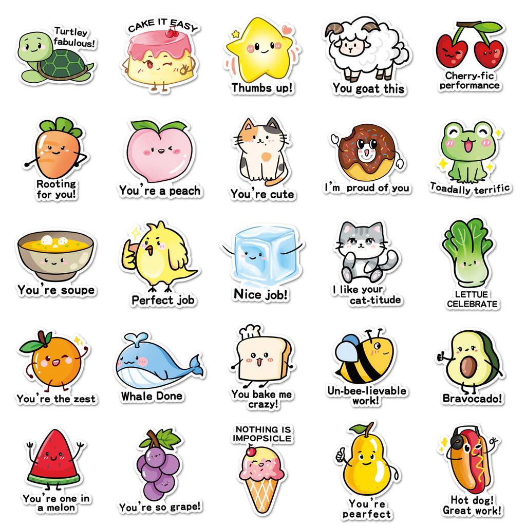 50-Piece Original English Reward Stickers - Hand-Drawn Non-Infringing Cute Cartoon Playful Decals for Stationery, Water Bottles