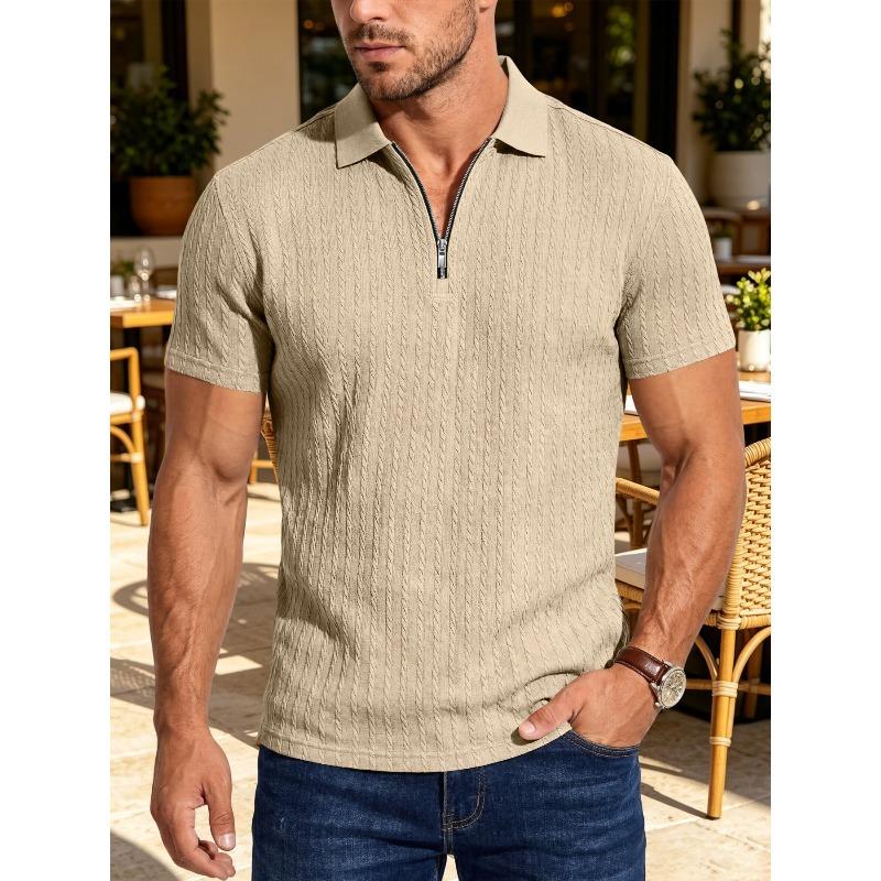 Summer Men's Textured Jacquard Half Zipper Lapel Polo Shirt Breathable Loose American Casual Short Sleeves