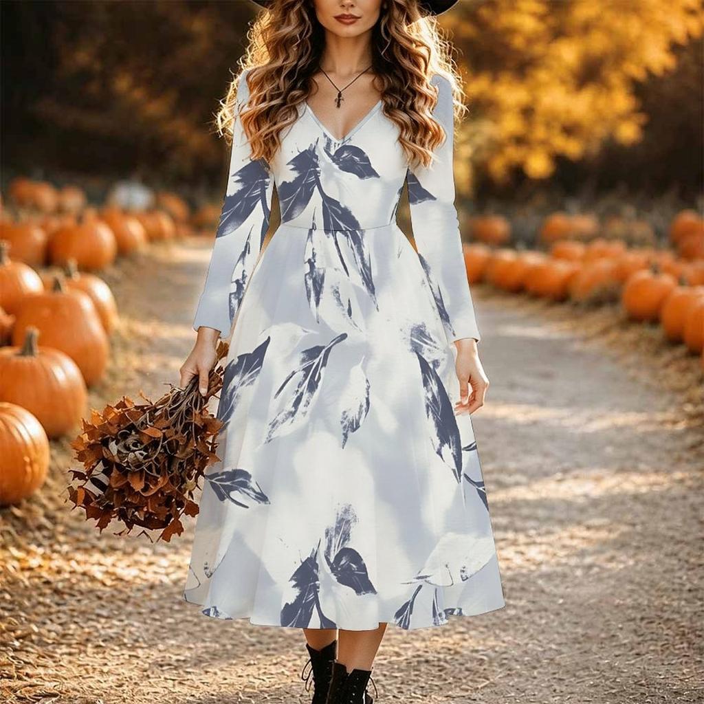 Halloween Women's Purple Ombre Floral Print Midi Dress A Line Dress Vacation Casual Daily Regular Fit  Long Sleeve V Neck Black  Spring Fall