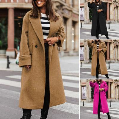Women Fall Winter Coat Lapel Loose Long Style Solid Color Thick Cardigan Warm Windproof Pockets Double Buttons Long Sleeve Lady Overcoat Outwear