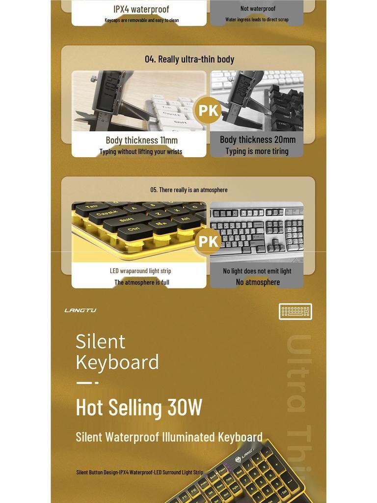 Langtu Silent Wired Keyboard with Backlit Mechanical Feel for Office & Laptop