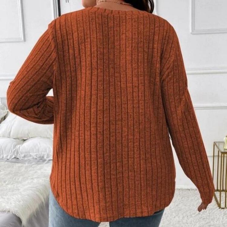 Women Plus Size Long Sleeve T-Shirt V Neck Striped Knitted Top Casual Loose Blouse Spring Solid Color Tops 5XL