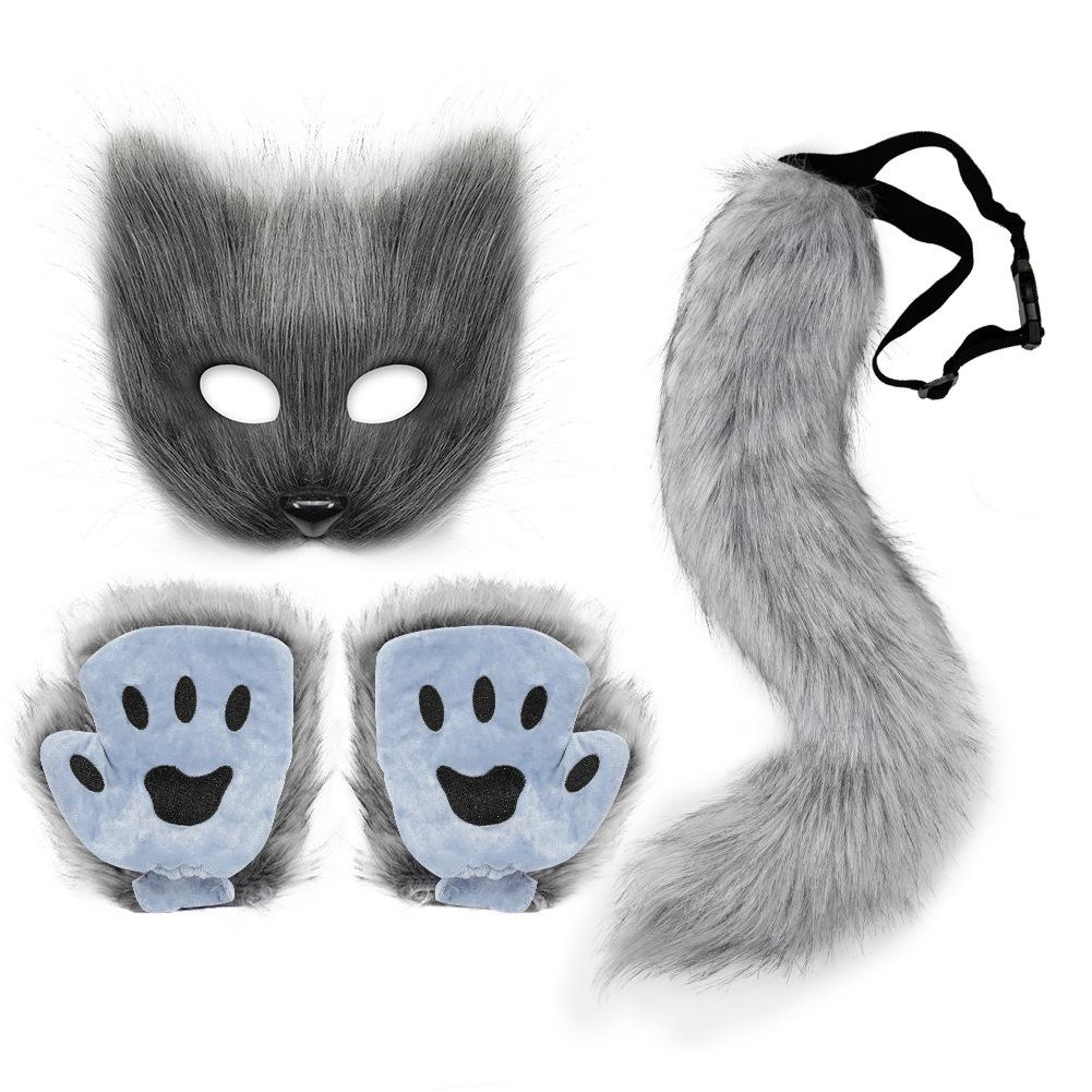 Halloween Fox Costume Set: Mask, Gloves & Plush Tail Cosplay Accessories