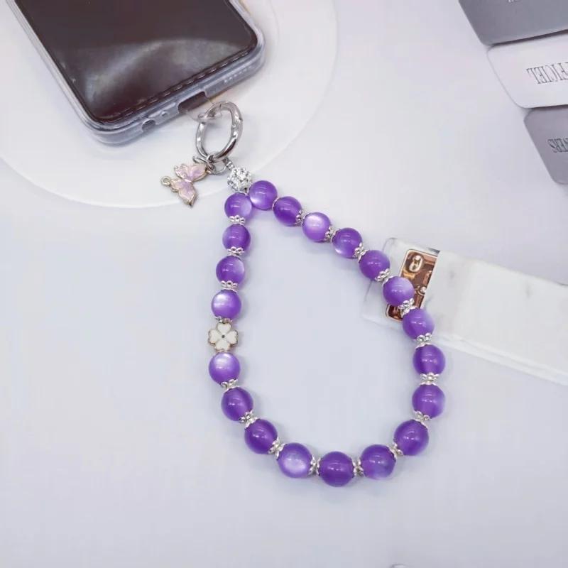 Retro High Luxury Cat Eye Purple Mobile Phone Chain Short Phone Hanging Rope Handmade Bead Safety Hanging Decoration