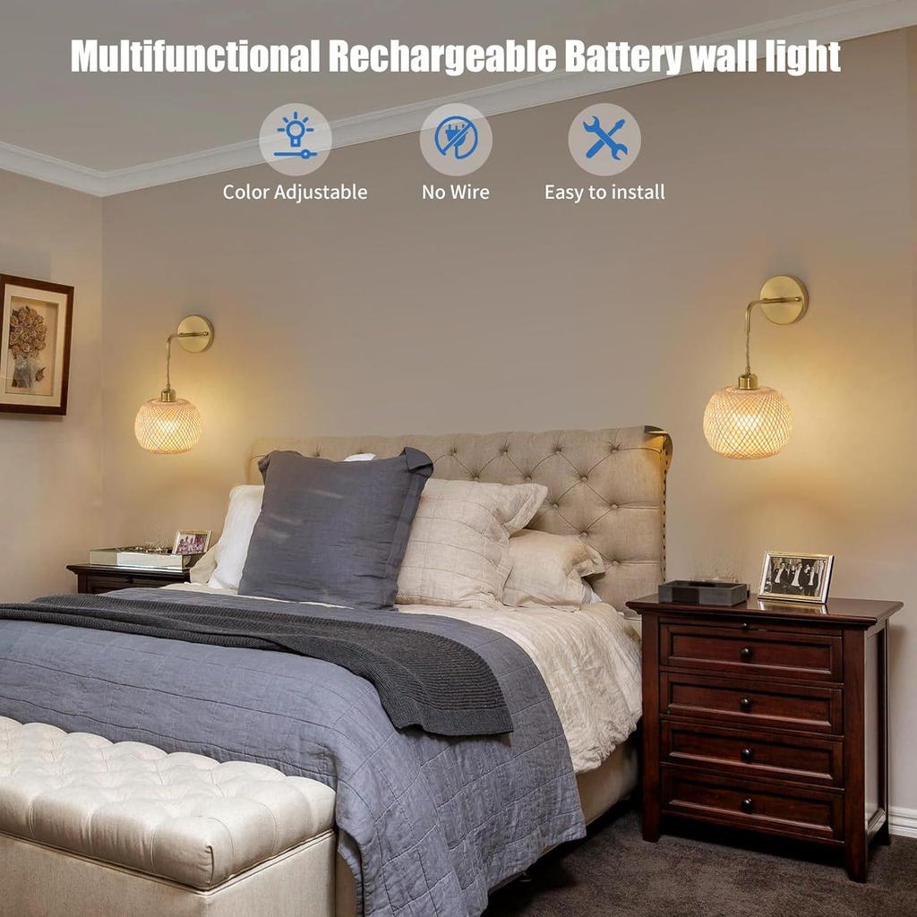 Bamboo Woven Charging Wall Lamp - Bohemian Style for Living Room, Corridor, Bedroom, or Bedside