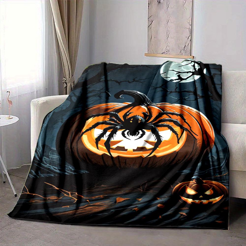 1pc Halloween Pumpkin, Spider Blanket Lightweight Flannel Blanket Throw Blanket For Sofa, Bed, Travel, Camping, Livingroom, Couch, Chair, And Bed Yy25