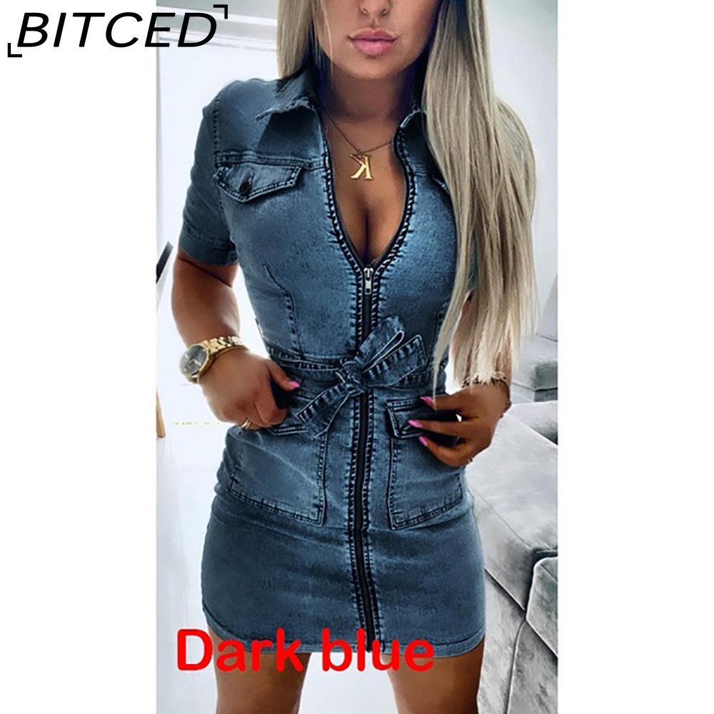 

BITCED Женское модное джинсовое платье с коротким рукавом на молнии, лето-весна XXXL темно-синий