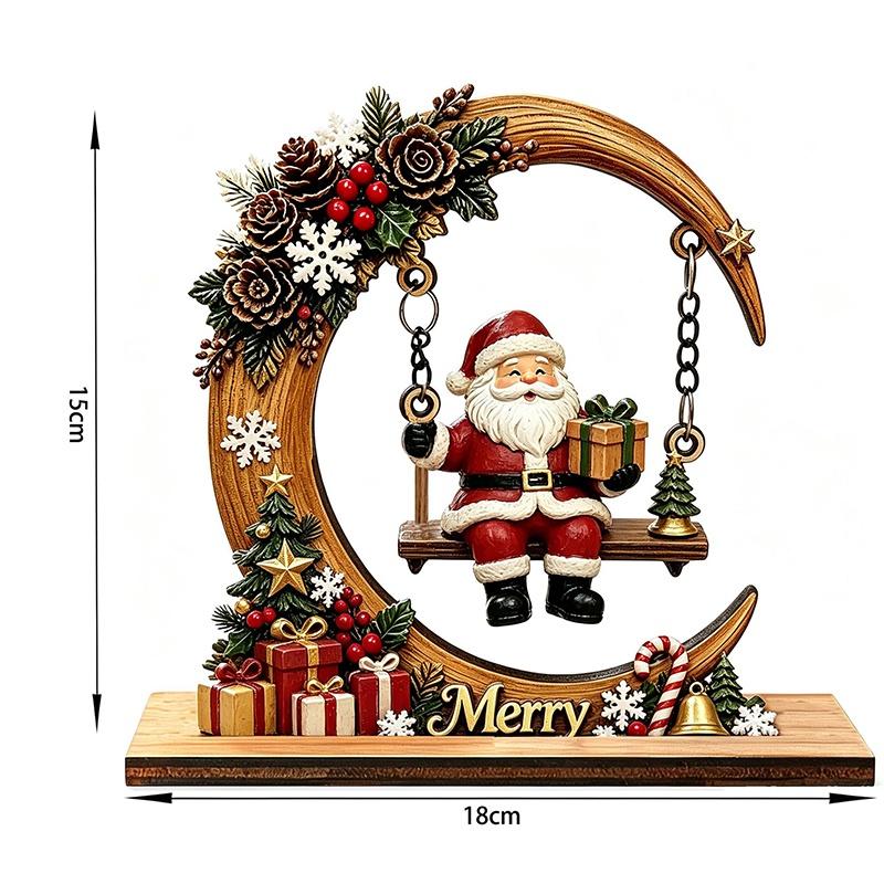 Wooden Christmas Santa Claus Swing Ornament With Moon Framed And Festive Details Perfect For Home Tabletop Xmas Decor
