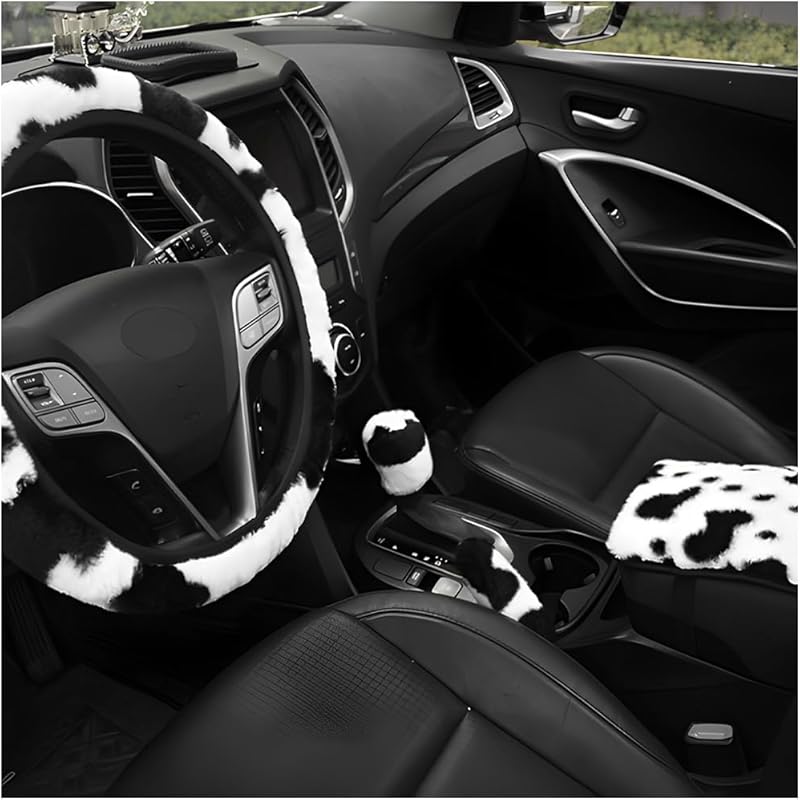 Cow Print Car Accessories Set, Soft Fluffy Plush Cute Cow Steering Wheel Cover & Handbrake Cover, Warm Furry Cow Print Armrest Mat & Shift Gear