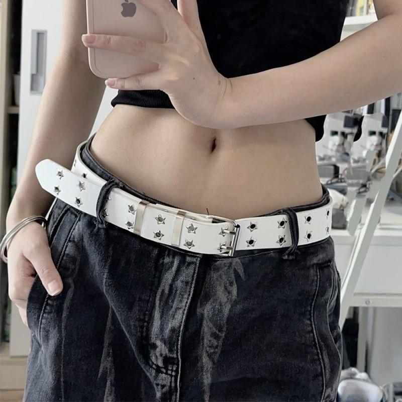 Vintage Hollow Punk Style Casual Double Row Star Studded Buckle Women's Fashion Belt