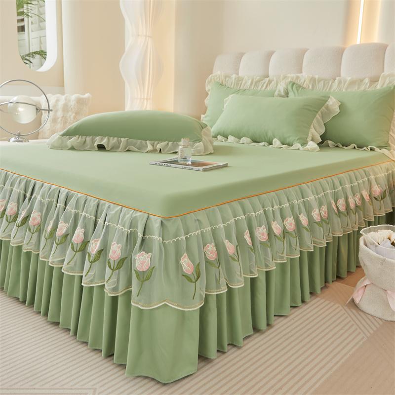 Bettrock Einteilig Zuhause Schlafzimmer Tulpenstickerei Bettlaken Spitze Spitzenbesatz