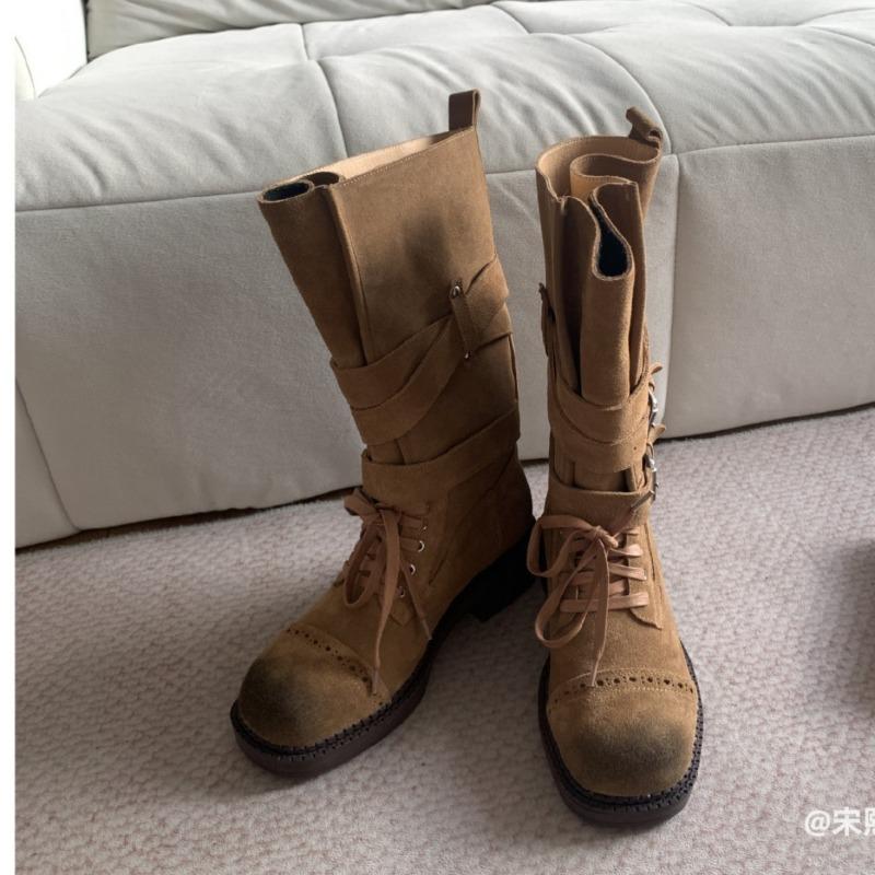 Retro Martin Boots Women's New Autumn Versatile Thick Heel Medium Tube Knight Boots Strap Round Head Western Short Boots