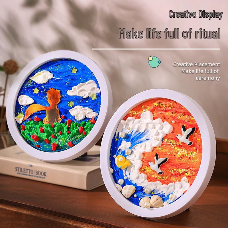DIY Craft Kit: Textured Painting with Clay, Cream Glue, Round Plate & Photo Frame for Kids' Creative Gifts