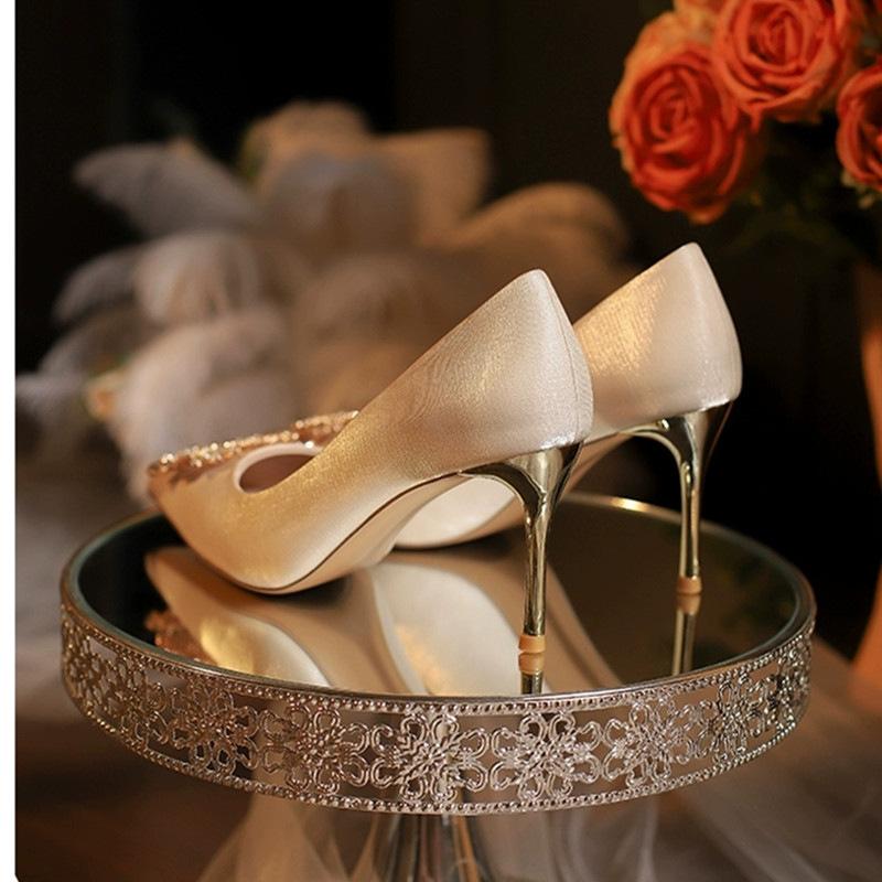 High Heels Women's White Wedding Dress Show Clothes Wedding Shoes Women's Spring New Thin Heels Pointed Temperament Single Shoes