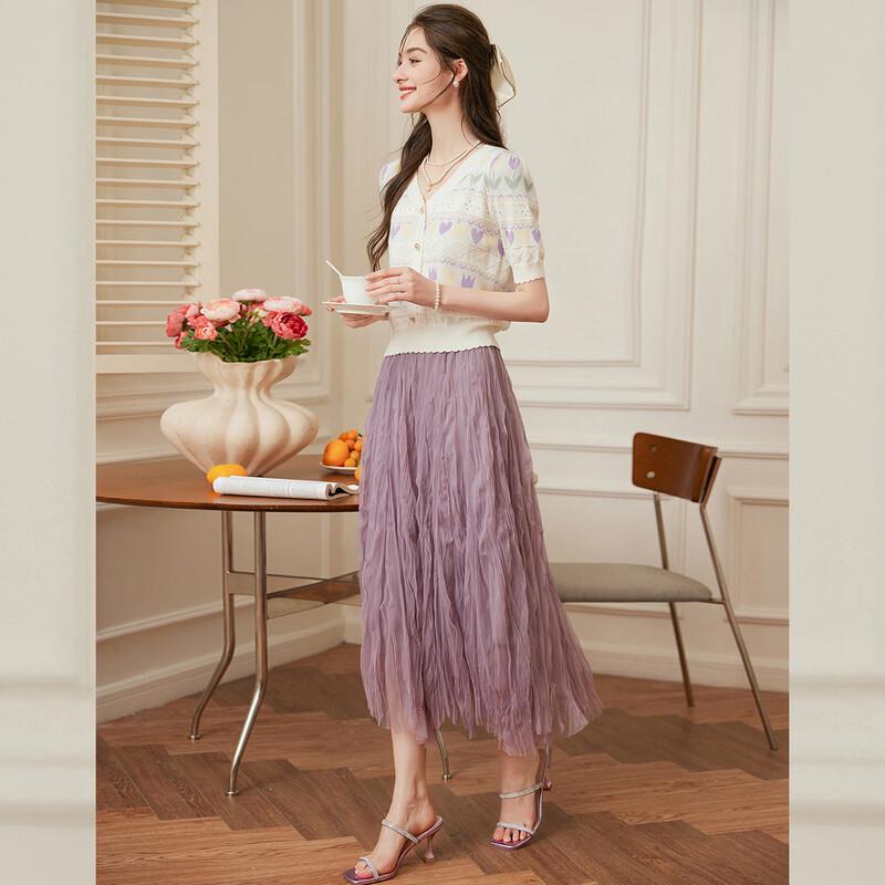 Bailuyu Sweet V-Neck Floral Jacquard Knit T-Shirt