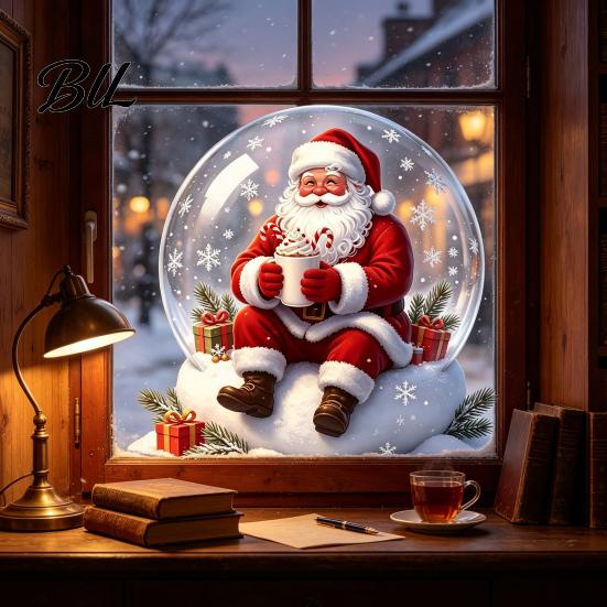 Holiday Gift for Friends Christmas Window Clings Decoration, Cartoon Santa Claus Sticker with Crystal Ball, Ball Wall Stickers Hot Cocoa, Reusable