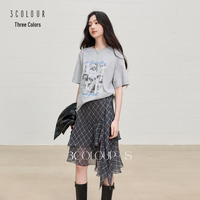 Sancai 2026 Autumn High-Waist Irregular Plaid Ruffle Chiffon Skirt S