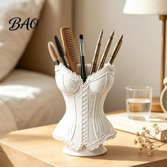 Decorative Storage Bin Gothic Corset Pen Holder, 3D Printed Vintage Dark Makeup Brush Aesthetic Decor Desk Organizer for Office Vanity, Halloween