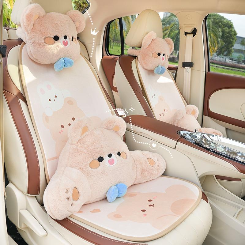 Cartoon Bear Plush Waist Support Car Neck Pillow Cushion Soft Car Headrest Waist Pillow Universal Car Pillow for Girls Women