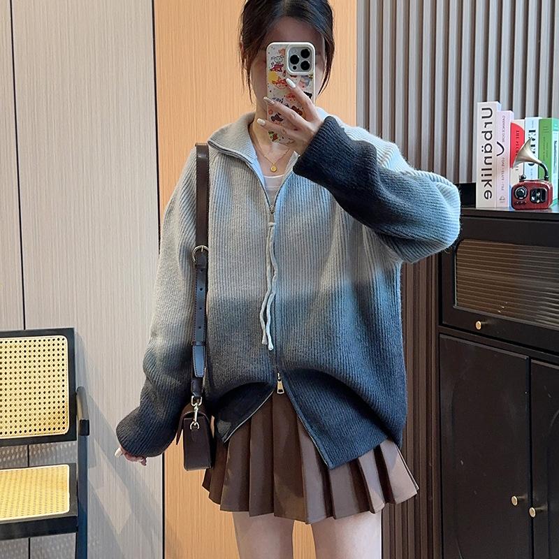 

Осенне-зимний женский свитер, дизайн Sense, винтажный вязаный кардиган с градиентом, новый свитер премиум-класса на молнии с лацканами Sense One Size серый