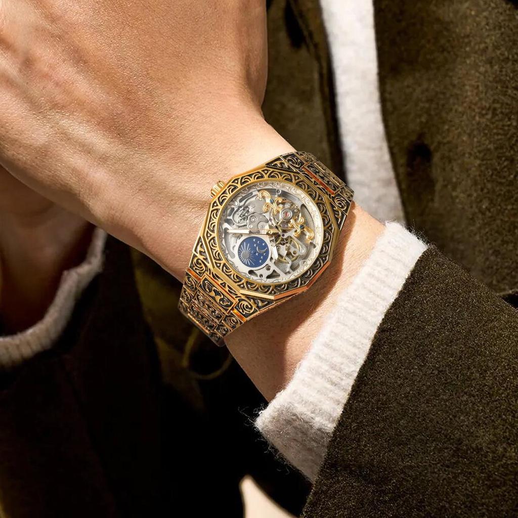 FORSINING Mens Luxury Engraving Wrist Watches Unique Tattoo Pattern Carved Stainless Steel Band Luminous Automatic Skeleton Watch