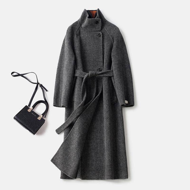 Light luxury royal sister style black double-sided velvet coat women's retro herringbone pattern medium and long wool coat