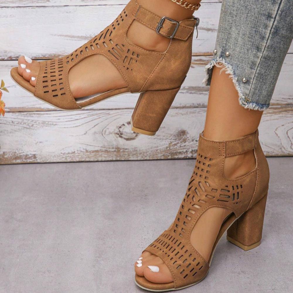 Summer Vintage Chunky Heels Sandals For Women Hollow Comfy Office Lady Zipper Women Shoes Big Size 43