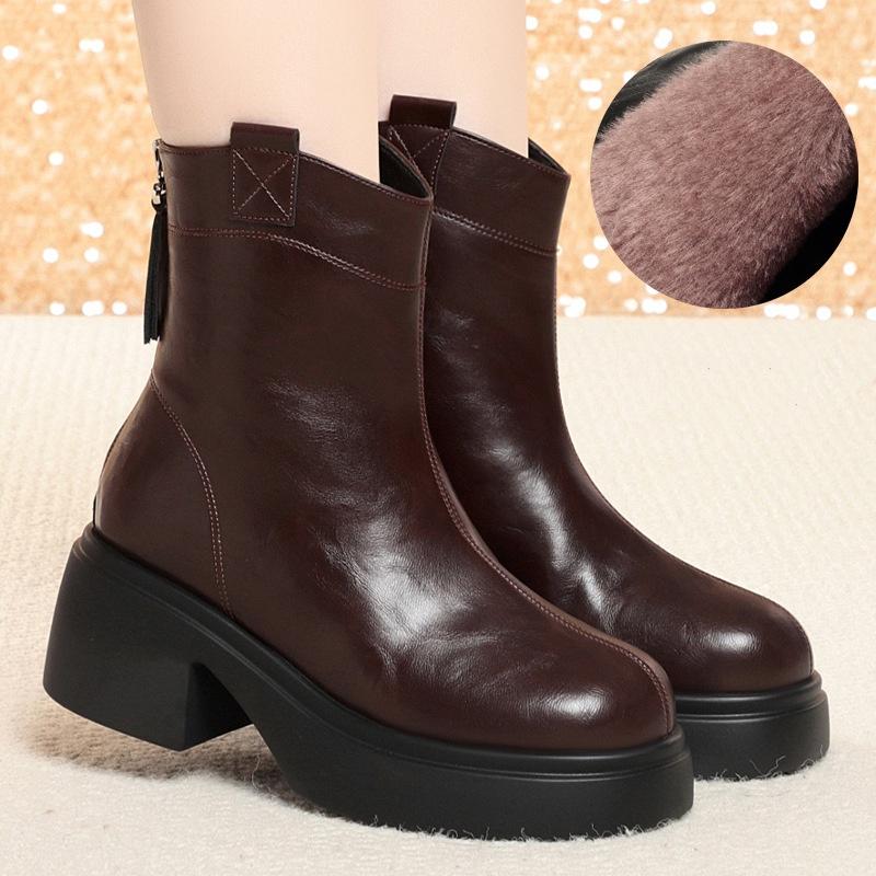 6cm British Style Women's Winter High Boots 2025 Thick Bottom Elegant Woman Heeled Shoes Short Motorcycle Ankle Botas Office Mom
