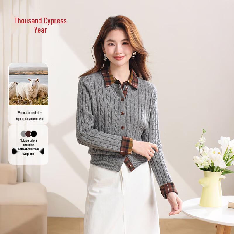 Women s Retro Plaid College Style Fake Two-Piece Shirt Collar Cardigan XL современный серый