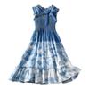 Hand-Dyed French-Style Women's Pleated Cinched Waist Bow Dress