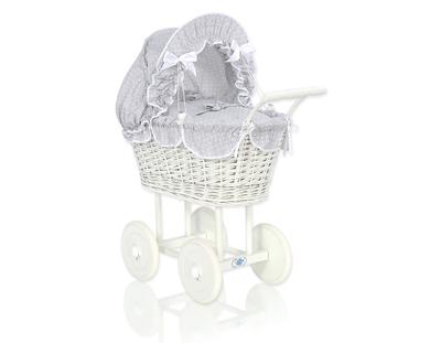 Tall Wicker Doll Stroller with Gray Bedding and Lining - White