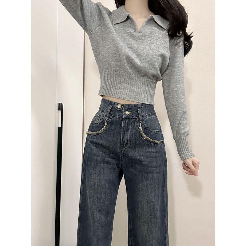 

Новый вязаный свитер с лацканами Losoe, приталенный, женские короткие топы, пуловер, весна, осень, тонкая базовая блузка, корейская мода, повседневные, простые офисные рубашки S серый