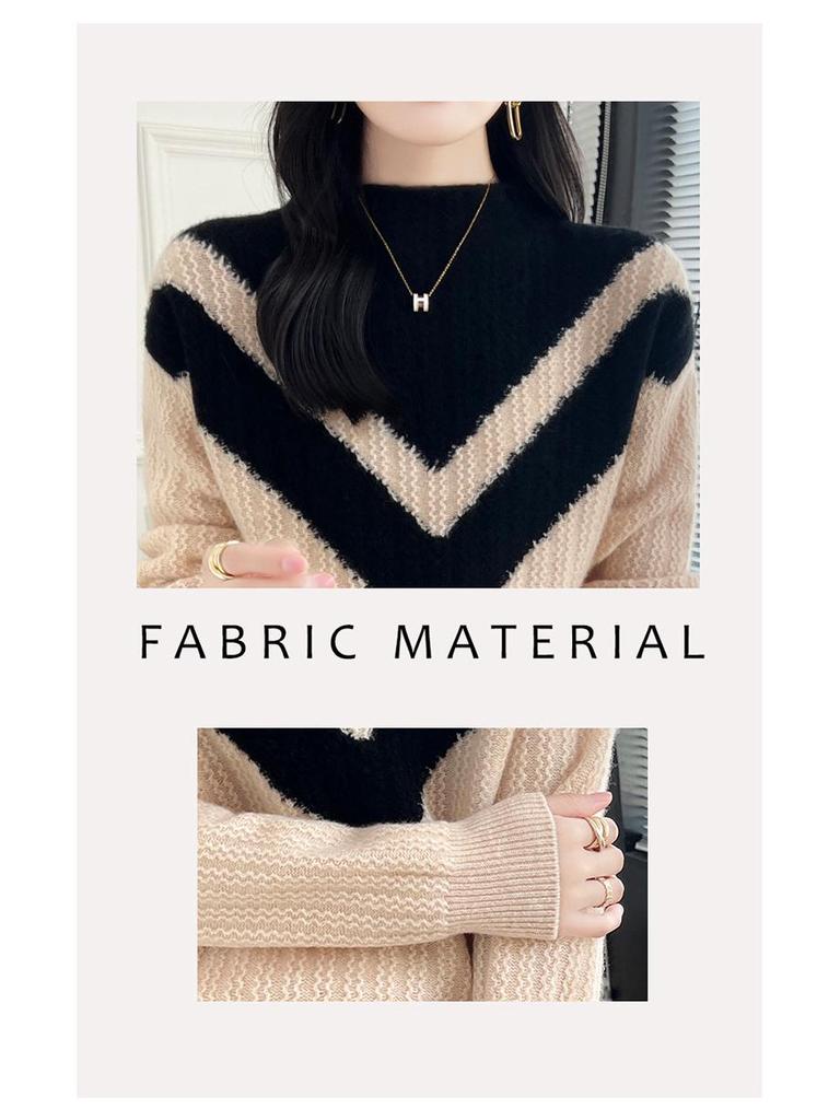 Colorblock Cashmere Turtleneck Sweater - Women's Slimming Autumn/Winter Knitted Pullover