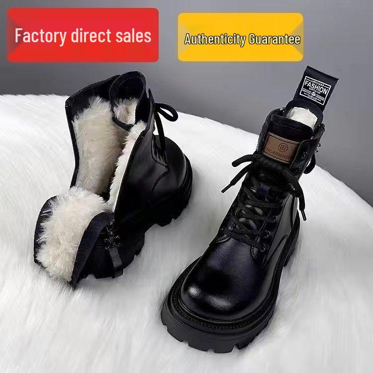 2025 Women's Genuine Leather Thick-Soled Martin Boots - New Fashion Fleece-Lined Warm Ankle Snow Boots
