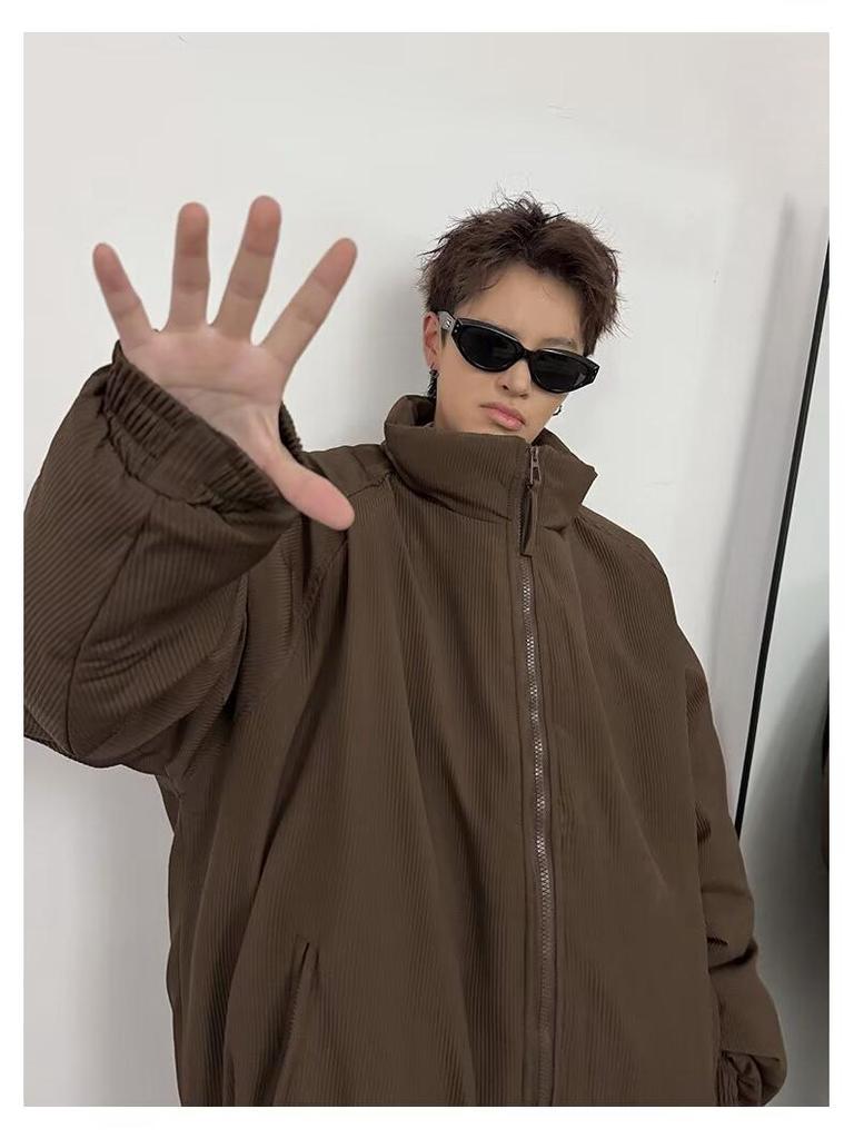 Men's Winter Maillard Stripe Cotton Jacket with Stand Collar - Japanese Neutral Style, Thick and Loose