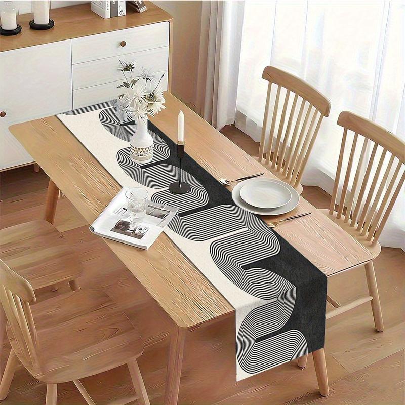 Modern Minimalist Black White Curved Geometric Pattern Table Runner Home Dining Table Decor 40x140cm