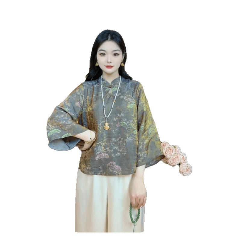 Retro new Chinese small dark pattern jacquard shirt feminine versatile top