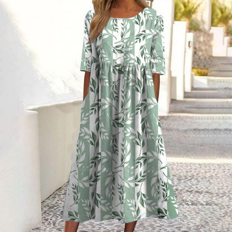 Casual O Neck Pockets Printed Loose Dresses for Women Plus Size Summer New Short Sleeve Women's Dress Fashion Elegant Vintage Floral Long Dress 3364