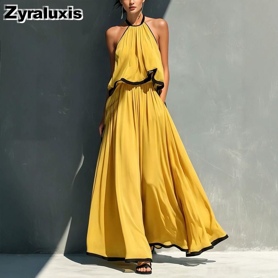 New Fashion Solid Casual Shoulder Strap Top with High Waist A-Line Maxi Skirt Set Outfit