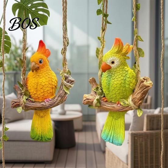 Parrot Ornament Resin Swing Figurine, Outdoor Hanging Animal Sculpture, Tropical Decorative Figurine Bird Statue for Patio, Lawn, Garden, Balcony