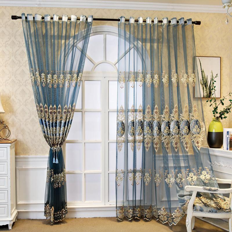 Blue Jacquard Window Sheer Curtain, Window Treatment for Living Room Bedroom Balcony Home Decor