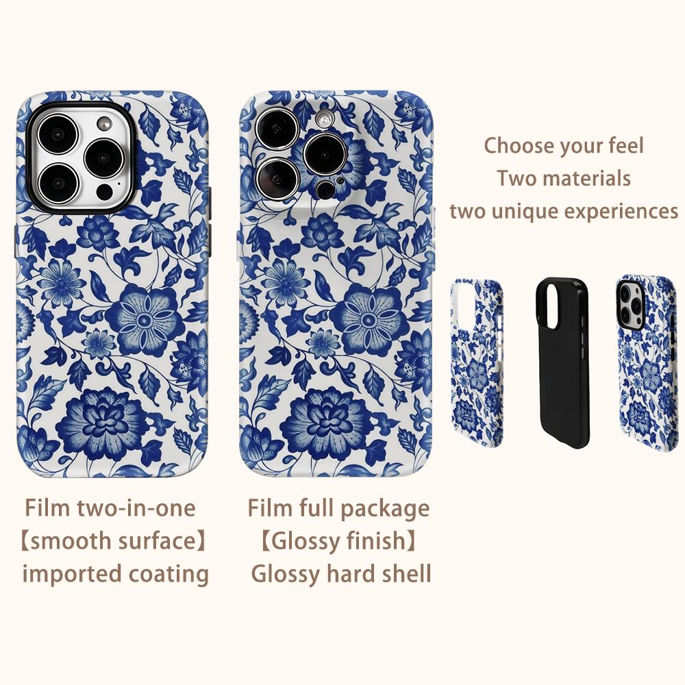 Blue & White Floral MotifFor Magnetic Phone Case for IPhone 17 16 15 14 13 Pro Max Plus Single Double-layer Tough Case