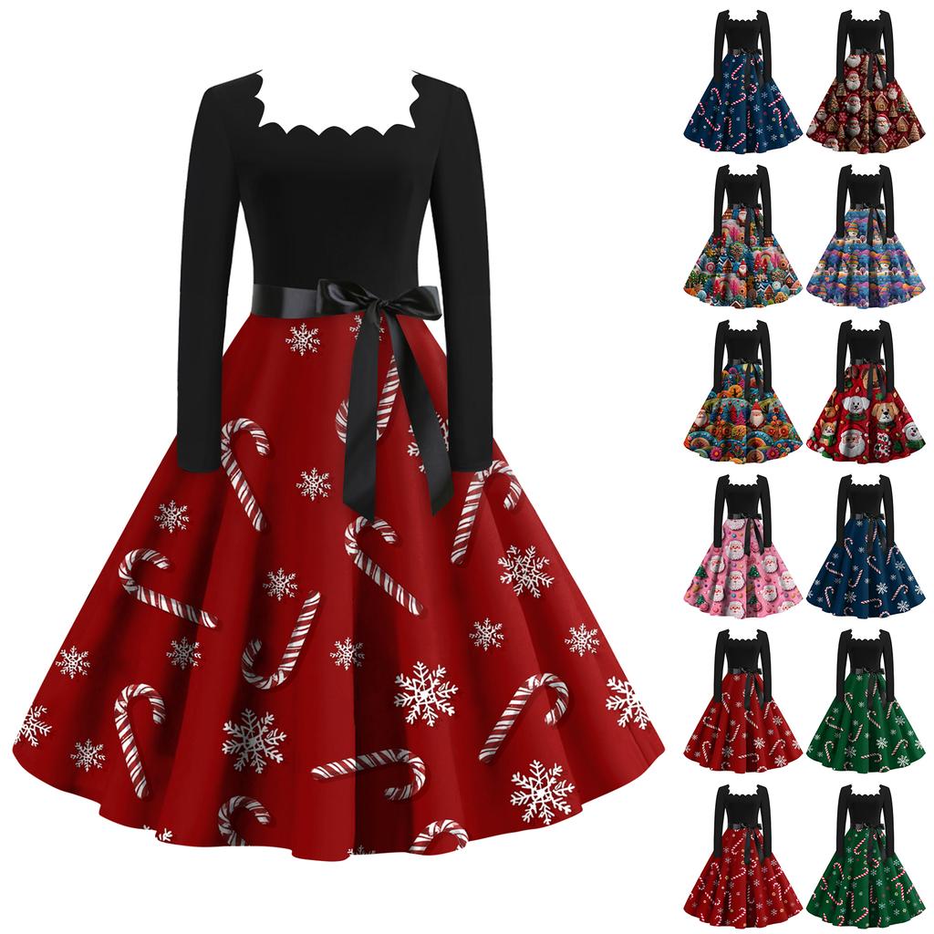 Women's Fashion Retro Long-sleeved Square Collar Christmas Printed Evening Dress