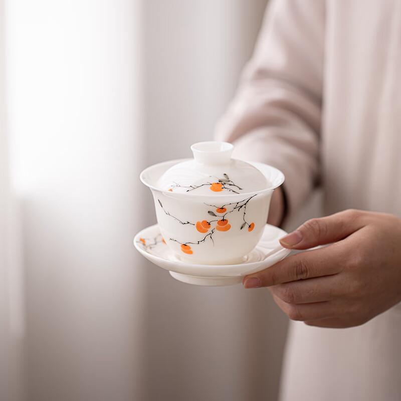 SUSHI CERAMICS Ice Jade Porcelain Tea Set - Persimmon Ruyi San Cai Gaiwan & 2 Teacups
