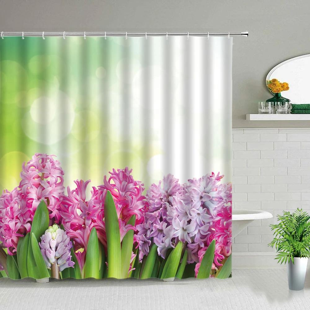 Pink Flower Plant Scenery Shower Curtains Rose Tulip Butterfly Spring Landscape 3d Printing Bathroom Waterproof Bath Curtain Set
