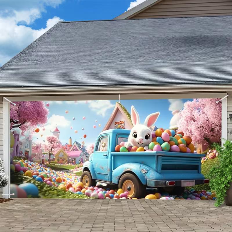 

2D Easter Bunny Truck Backdrop Cloth Spring Cherry Blossom Village Outdoor Decor 47.2x31.5inch/120*80cm