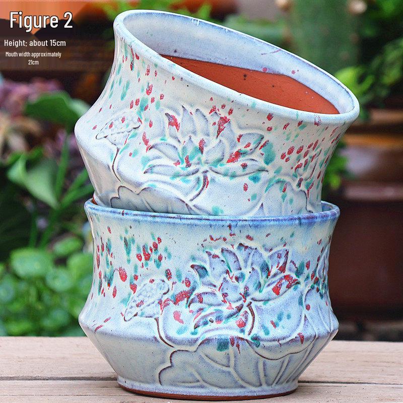 Handmade Embossed Rose Ceramic Succulent Pot, Tall Breathable Coarse Pottery, Large Mouth Plant Pot with Flower Design.
