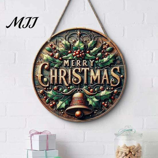 Decorative Entrance Wall Art Christmas Hanging Pendant with Lanyard, Wooden Sign for Front Indoor Outdoor Seasonal Decor Door, Creative Farmhouse