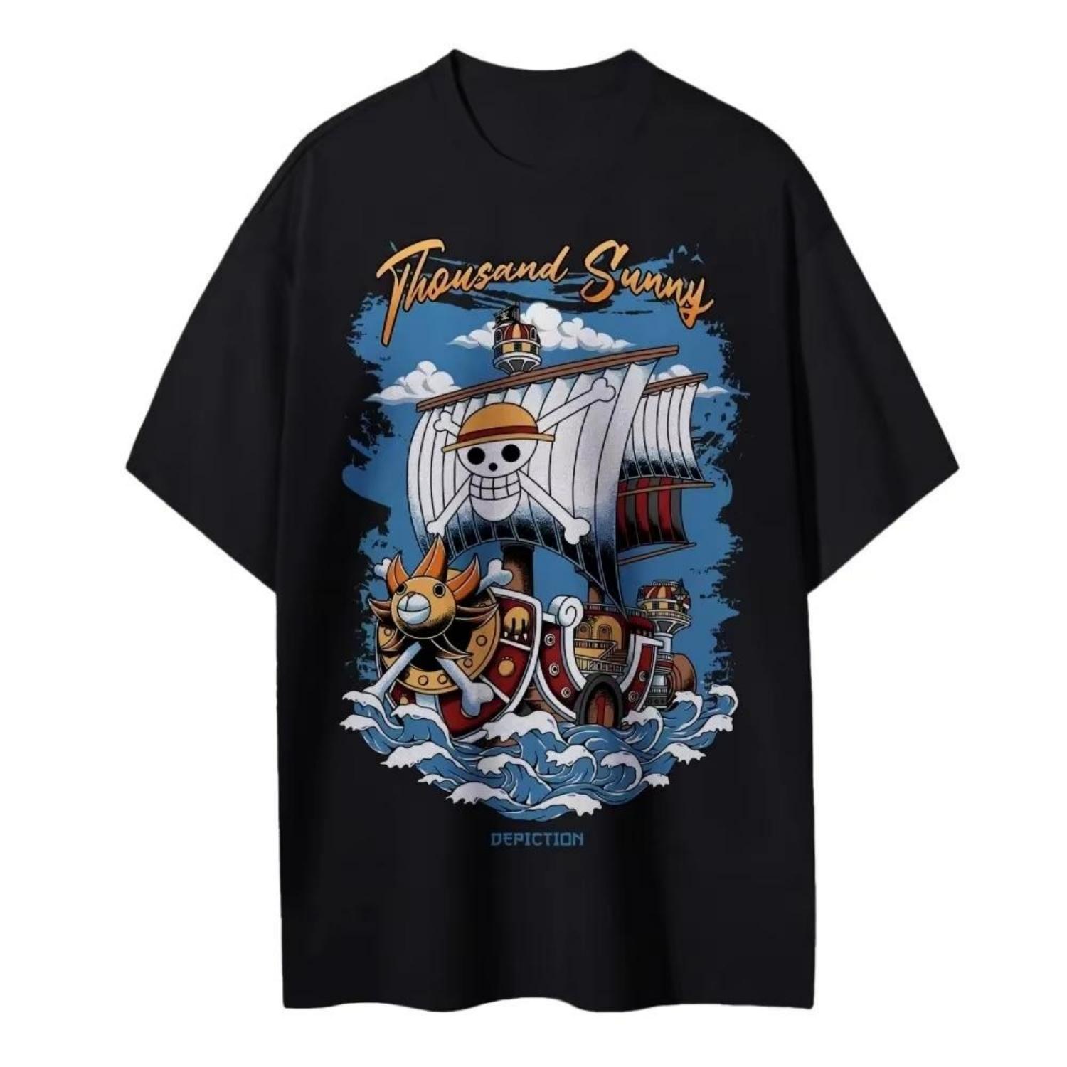 

2026 New The One Piece Both Mens and Womens Konya Ship Base Style Hiphop Tshirt Anime Clothing S чёрный