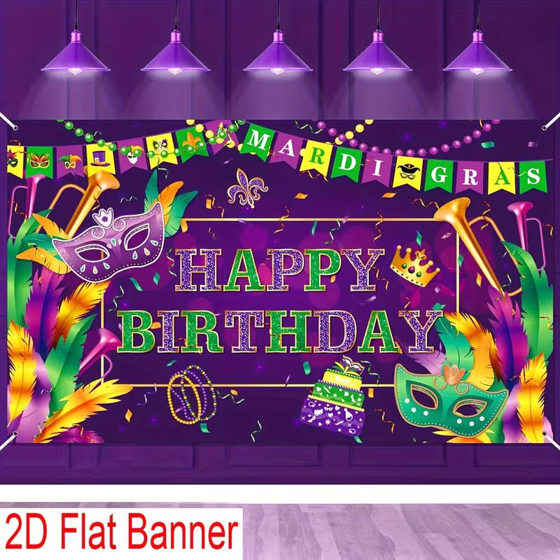 

2D Happy Birthday Background Cloth Mardi Gras Purple Green Gold with Trumpets Banner 47.2x31.5inch/120*80cm